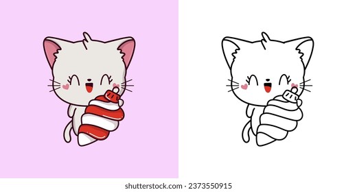 Cute Christmas White Cat Clipart Illustration and Black and White. Funny Clip Art Christmas Kitty. Cute Vector Illustration of a Kawaii Animal for Christmas Stickers. 