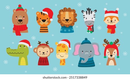 Ilustração de vetor de animais selvagens de Natal bonito, incluindo um leão, tigre, urso, raposa, zebra, crocodilo, macaco, girafa, elefante e veado. Animais da selva com chapéu de Papai Noel.