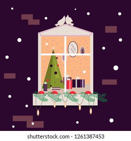 Cute Christmas window. Vector EPS10