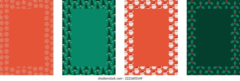 Cuta colección de paquetes de conjuntos de fondo navideños. Diseño sencillo, copos de nieve, árboles, santa claus, mistletoe. rojo, verde,