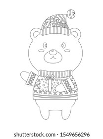 Cute Christmas winter bear vector cartoon. Christmas polar bear in sweater cartoon. A bear holding gift box colorless for coloring page. 