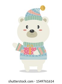 Cute Christmas winter bear vector cartoon. Christmas polar bear in sweater cartoon. A bear holding gift box. 