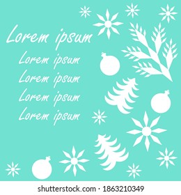 Cute Christmas or winter composition for a poster or postcard. The concept of Christmas and the New year. Christmas tree, snowflakes and holiday decorations .