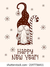 Cute christmas winter Gnomes with big caramel stick. Cute Cartoon vector illustration, hand drawn in doodle style. For Christmas and New Year design, decor, postcards and print