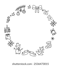 Cute Christmas and winter holiday doodle frame with different hand drawn elements. Christmas trees, Christmas boot, sweets, gift boxes, snowflakes. Winter holidays attributes. Line art. 