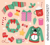 Cute Christmas and winter holiday elements vector set.Festive vector illustration with Christmas decorations, sweater, gifts, mittens, wreath, mug, and candy. Cozy winter holiday clipart for cards