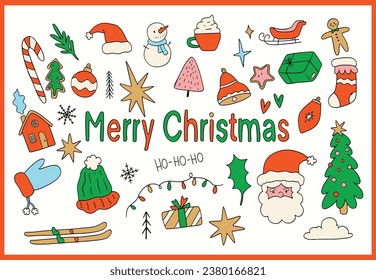 Cute Christmas Winter Holiday Hand Drawn Collection Vector Set Illustration