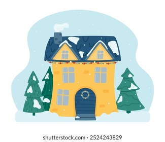 Cute Christmas and winter house. Decorated house on the background of the sky, falling snow, fir trees. Vector illustration in a flat style.