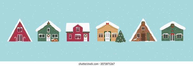 Cute Christmas and winter houses. Christmas outdoor decorations. New year 2022. Vector