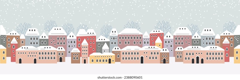 Cute Christmas and winter houses. Snowy night in cozy Christmas town panorama.