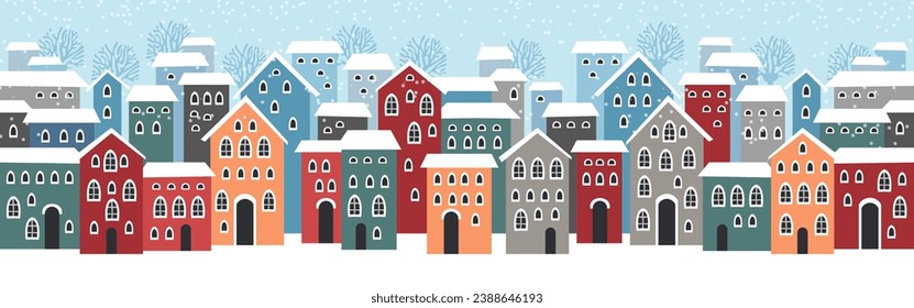 Cute Christmas and winter houses. Snowy night in cozy Christmas town panorama.