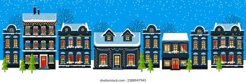 Cute Christmas and winter houses. Snowy night in cozy Christmas town panorama.