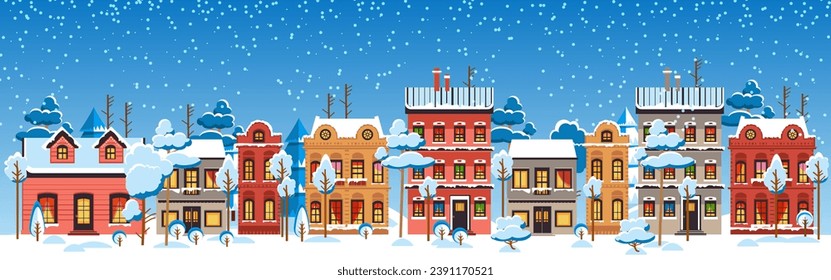 Cute Christmas and winter houses. Snowy night in cozy Christmas town panorama.