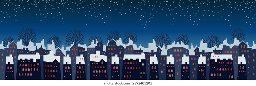 Cute Christmas and winter Night city houses. Snowy town panorama.