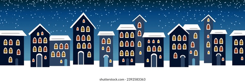 Cute Christmas and winter Night city houses. Snowy town panorama.