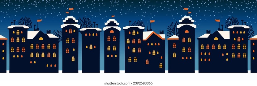 Cute Christmas and winter Night city houses. Snowy town panorama.