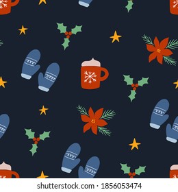 Cute Christmas winter seamless pattern with gloves, mug, mistletoe, stars etc. Vector illustration