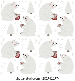 Curso de invierno navideño sin fisuras con oso polar, árboles navideños, elementos decorativos, ilustración de año nuevo