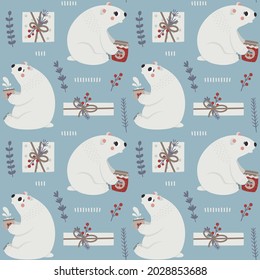 Cute Christmas winter vector seamless pattern with Polar white Bear, baby bear, Christmas branch, new Year's gifts, decorative elements, new year illustration