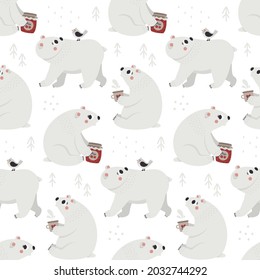 Cute Weihnachtswintervektor nahtloses Muster mit Polar Bar, Babbär, Weihnachtsbäume, dekorative Elemente, neue Jahresgrafik