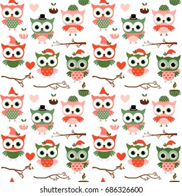 Cute Christmas and winter vector seamless pattern with cartoon owls, hearts and branches in red, green and pink colors on white background