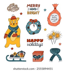 Cute Christmas and wintertime colourful doodle set. Hand drawn collection of bear in winter clothes, Xmas wreath, pack with presents, firework. Childish yuletide decorations isolated on background.