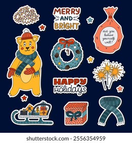 Cute Christmas and wintertime sticker set with colourful doodle for planners, diary. Ready for print list of hand drawn stickers of bear in winter clothes, Xmas wreath, pack with presents, firework.