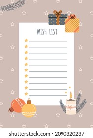 Cute Christmas wish list. Festive gift boxes. Candles and stars. Christmas tree decorations and branches. Scandinavian hand drawn winter greeting card, invitation. Vector illustration background.