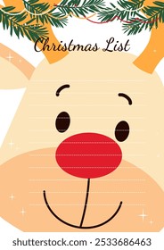 Cute Christmas wish list template with reindeer. Vector design.