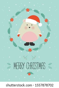 Cute christmas woodland character. Merry christmas card with cute bear in winter clothes. New Year greeting cards. Hand drawn lettering. Christmas wreath