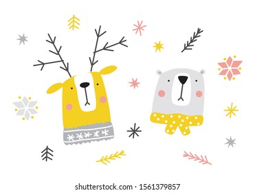 Cute Christmas woodland forest animals as cartoon characters of deer and bear, can be used for baby t-shirt print, fashion print design, kids wear, baby shower greeting, invitation card etc