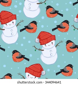 cute Christmas wrapping paper vector illustration Bullfinch snowman seamless