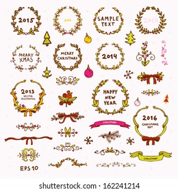 Cute Christmas Wreath, Dividers, Bow, Christmas Tree, Ribbons and Frames Set. Xmas Retro Decorations for Vintage Holiday Design. Vector Collection.