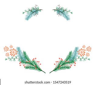 Cute Christmas wreath with green branches, twigs and red berries. Bright holiday frame illustration isolated on white background for New Year decoration, greeting cards design