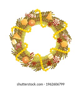 Cute Christmas wreath with sweet treats and beads. Isolated colorful New Year decoration in the white background. Flat style illustration.