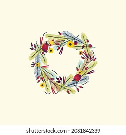 Cute Christmas wreath with toys and berries. New Year card, illustration, print, invitation
