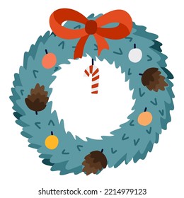 Cute Christmas wreath. Traditional decoration for Christmas eve and New Year. Holiday lush pine wreath with bow of red ribbon, candy cane, cones and Christmas toys. Hand drawn vector illustration.