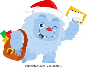 Cute Christmas Yeti Bigfoot Cartoon Character Delivering Letter. Vector Illustration Flat Design Isolated On Transparent Background