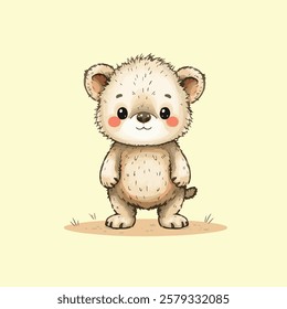 A cute, chubby baby bear with fluffy fur, big shiny eyes, and rosy cheeks standing on a patch of grass. The illustration has a soft, warm, and adorable feel with pastel colors and a gentle style.