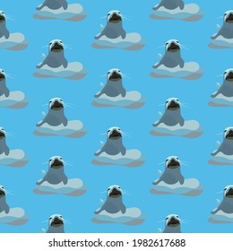 Cute, chubby baby seal on iceberg in light blue and grayish blue. Designed in seamless repeat pattern. Can be used as an independent design or can be used in combination with the shark, diver set