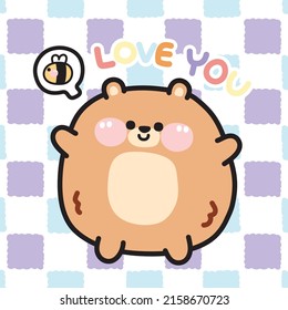 Cute chubby bear and bee cartoon Love you text checkered pattern background Funny animal character design Kawaii Vector Illustration 