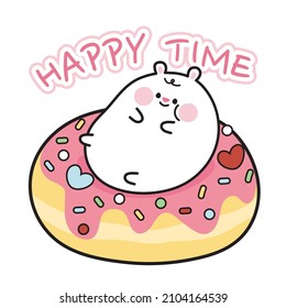 Cute chubby bear lay on strawberry donut cartoon.Animal character design