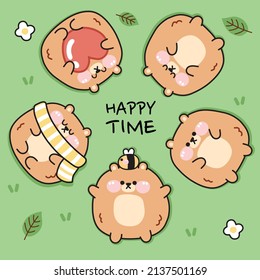 Cute chubby bear lay on the ground in various poses.Summer.Relax.Happy time.Fat animal character design.Kawaii.Vector.Illustration.