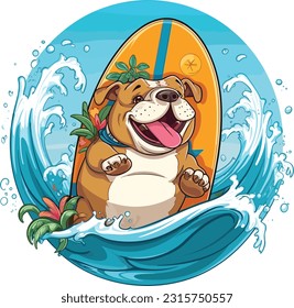 A Cute And Chubby Bulldog Surfing , Tshirt Design , Vector illustration