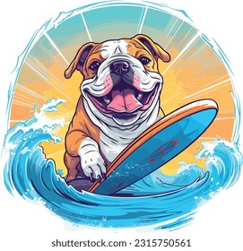 A Cute And Chubby Bulldog Surfing , Tshirt Design , Vector illustration