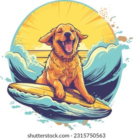 A Cute And Chubby Bulldog Surfing , Tshirt Design , Vector illustration