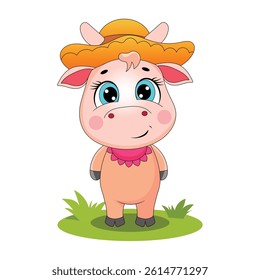 Cute chubby calf standing in field
