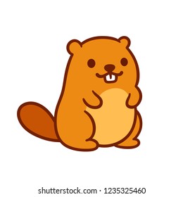 Cute chubby cartoon beaver, little kawaii mascot character. Isolated vector clip art illustration.