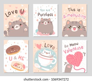 Cute chubby cat full of love and purr, meow! in soft pastel color. Set of rectangle gift tag, card, postcard. Lovely, funny, a-meowzing valentine day. Vector illustration.
