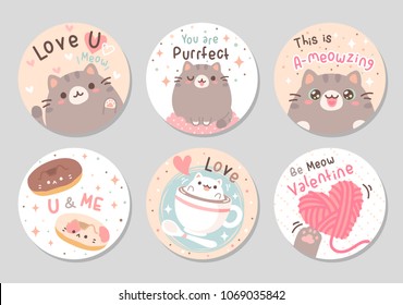 Cute chubby cat with love purr, meow! in soft pastel color. Set of circle gift tag, badge, button pin. Lovely, funny, a-meowzing valentine day. Vector illustration.
